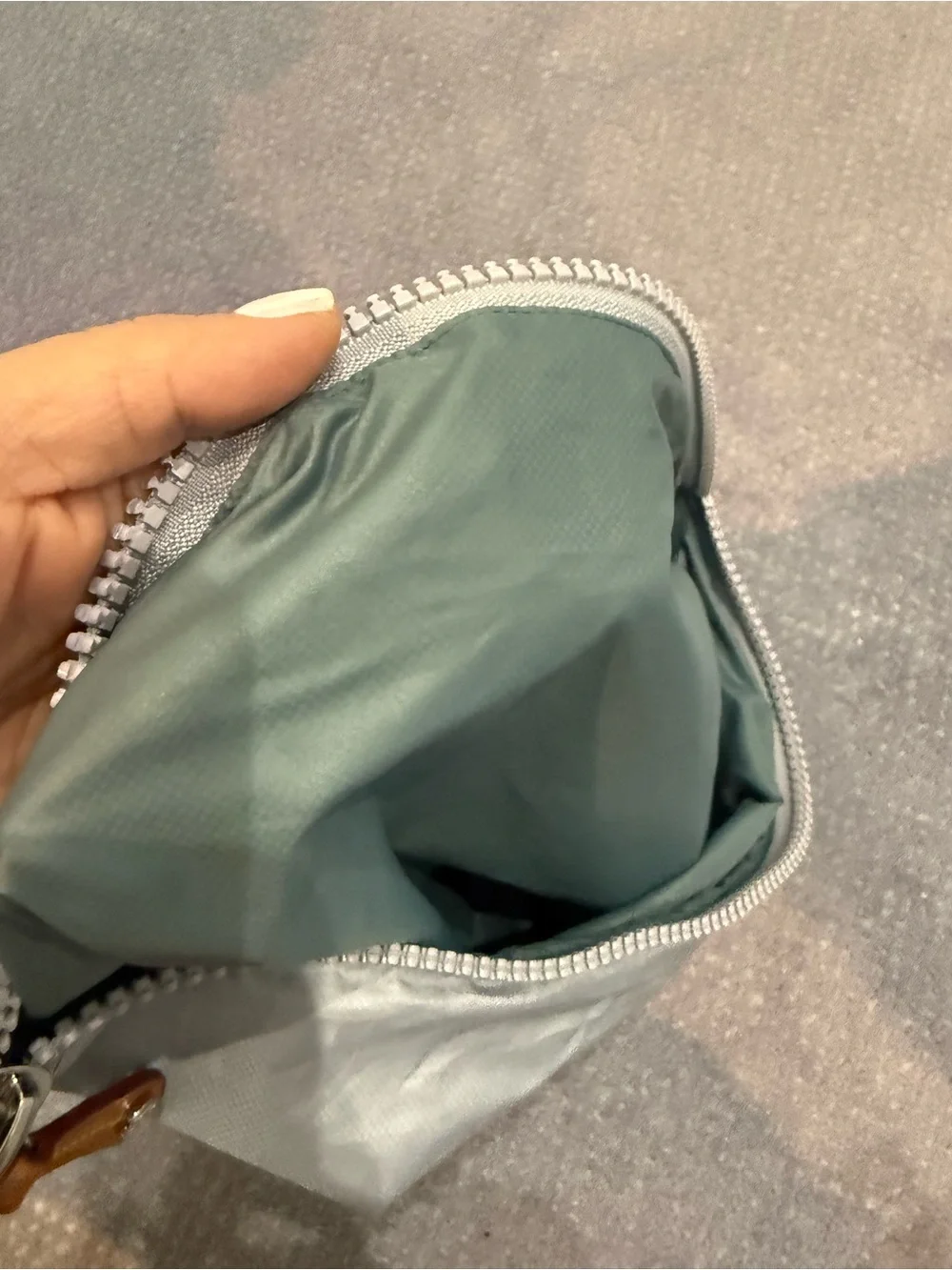 MZ Wallace Light Blue Pouch with Tan Logo Patch